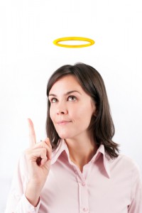 Woman with halo pointing her finger upwards